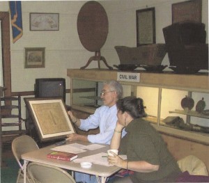 David Rose and Leslie Evans reading the Monument of Groton Heights Document